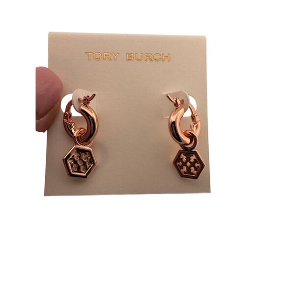 Tory Burch Rose Gold Hexagon Logo Drop Hoop Earrings - Picture 2 of 2